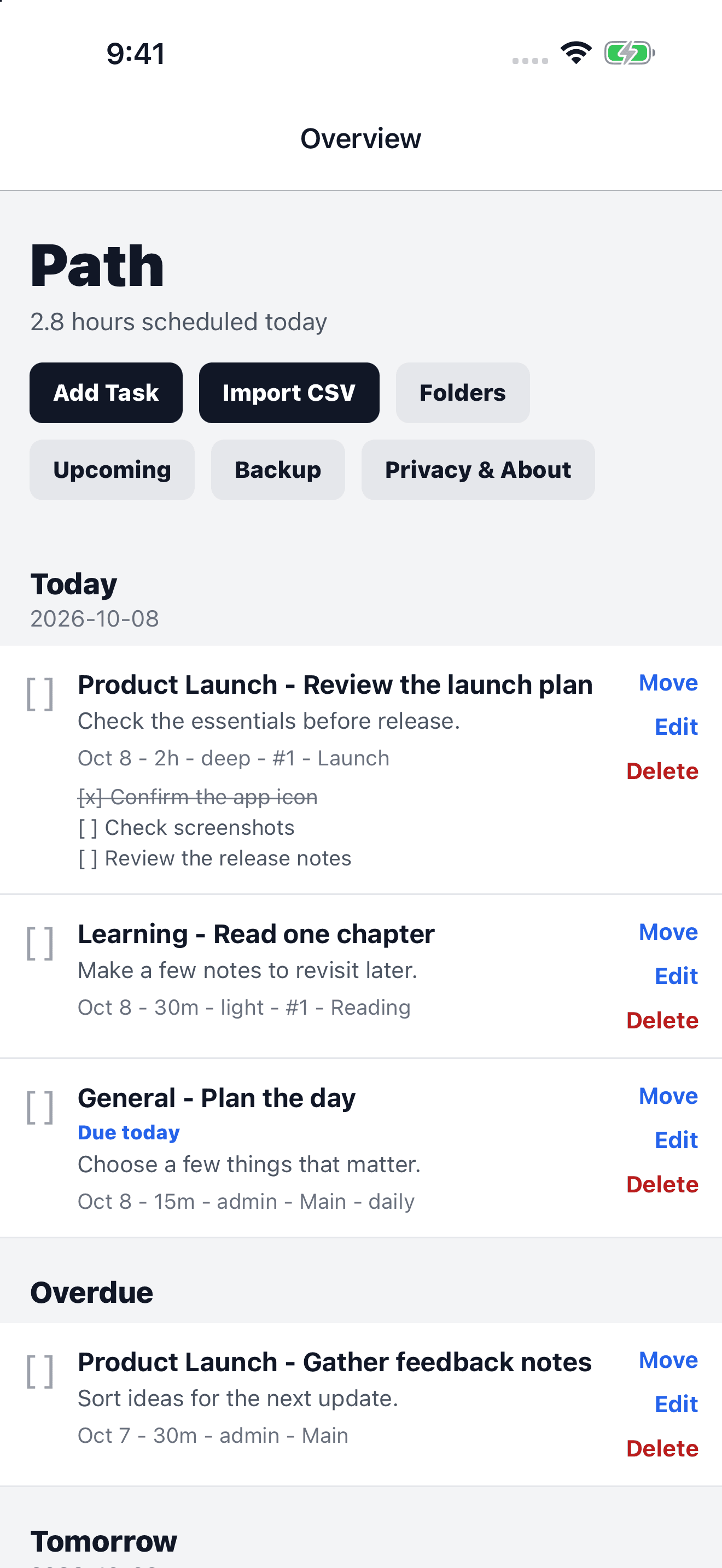 Path daily overview with tasks, recurring work, and checklists