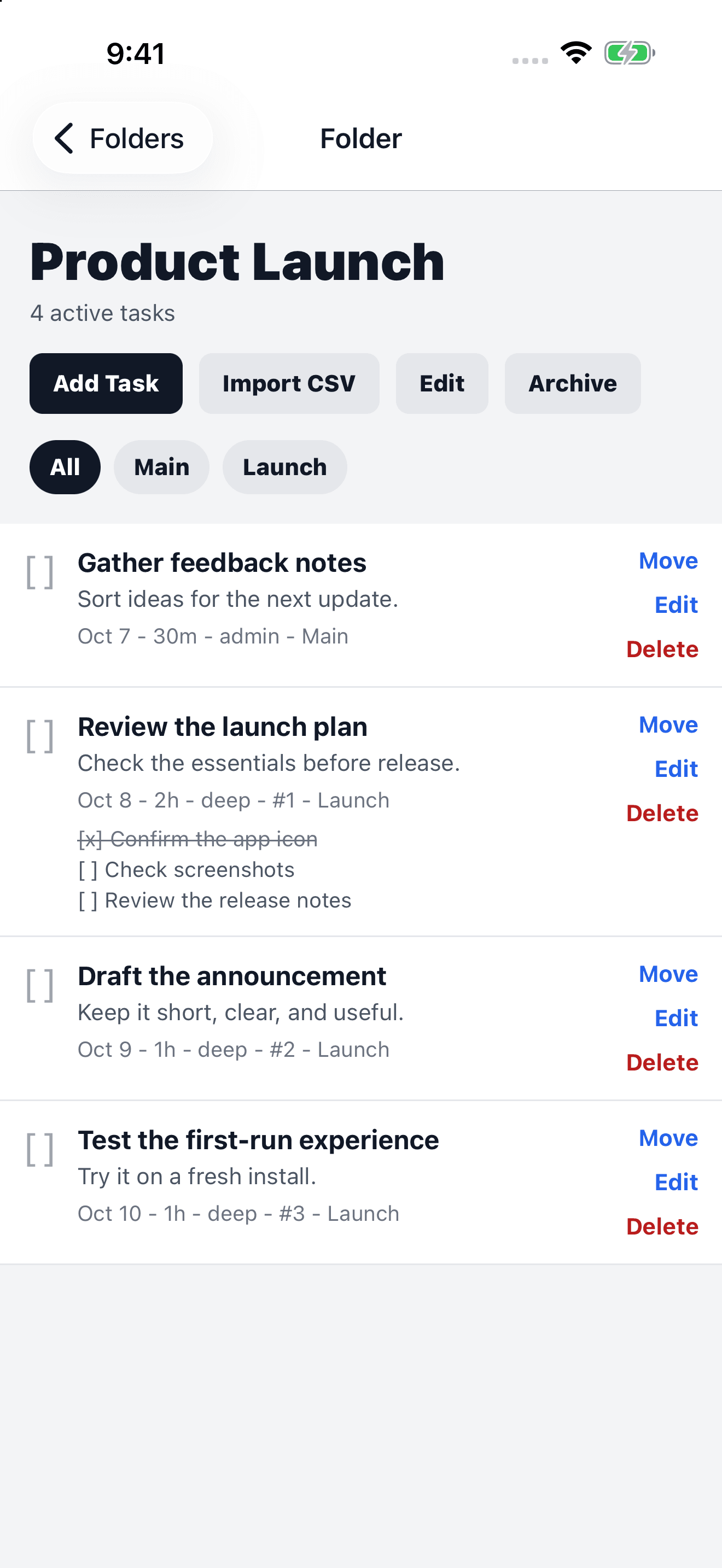 Path Product Launch folder with scheduled tasks and a checklist