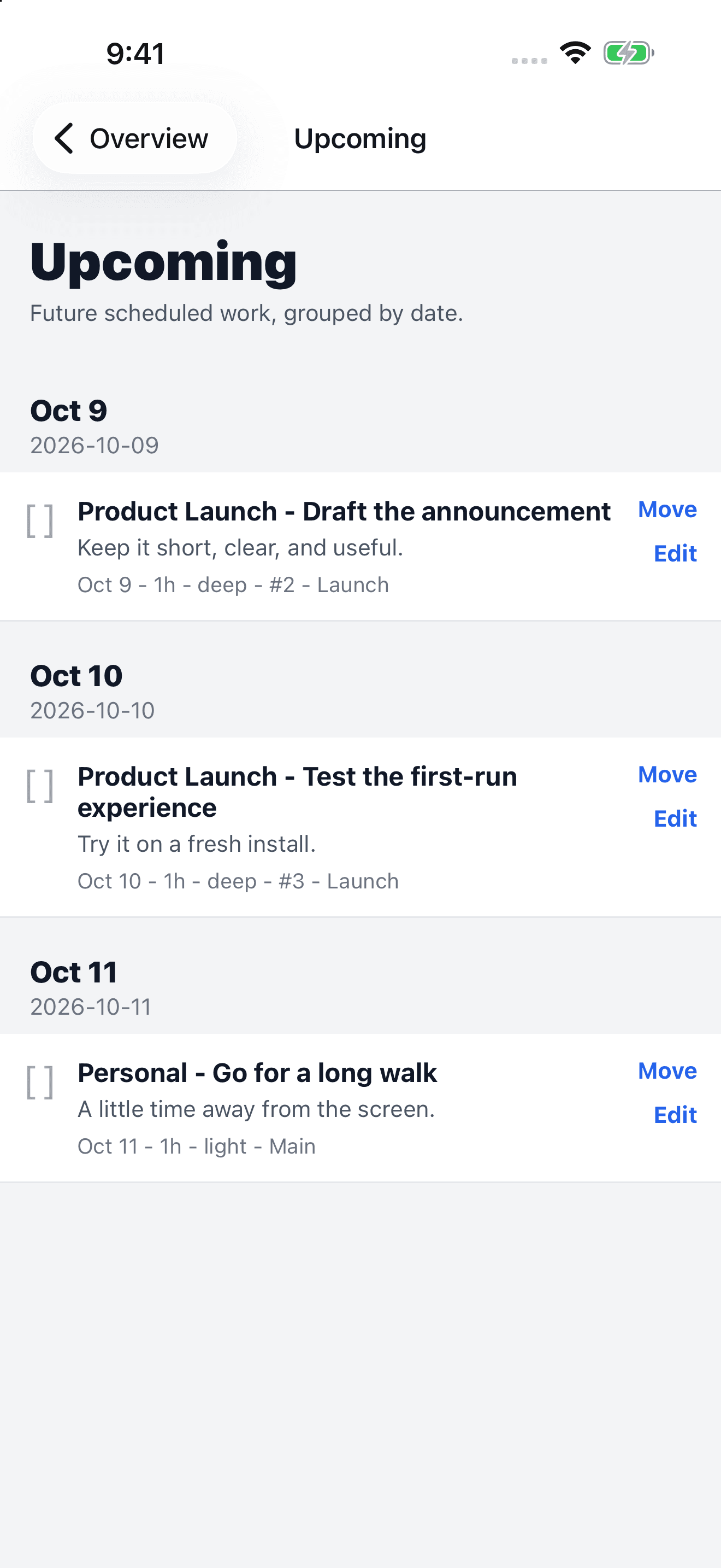 Path Upcoming screen showing tasks grouped by date